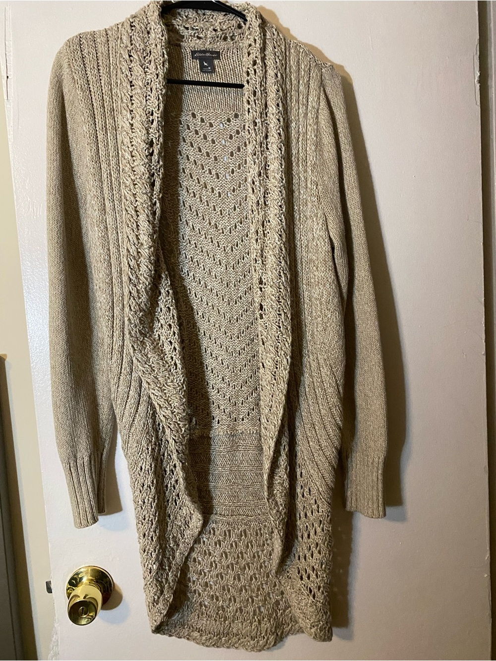 Eddie Bauer Taupe Open-Front Cable & Lace Knit Cardigan